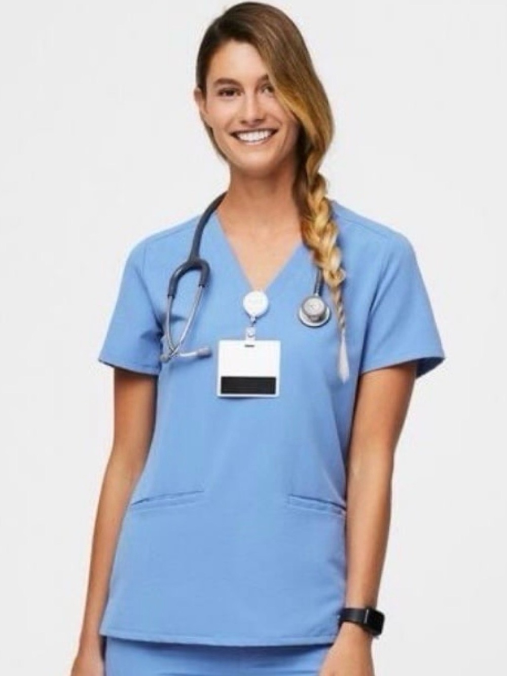 FIG Clothing Casma Three-Pocket Scrub Top in Ceil Blue size XXS